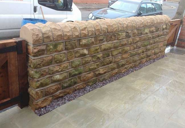 Front garden stone wall built using reclaimed bulwell stone at a job in West Bridgford Nottingham