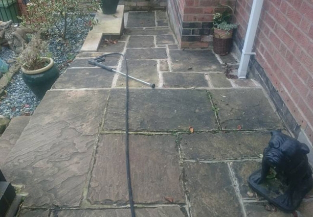 Indian sandstone path cleaning in Lowdham, Nottingham (before)